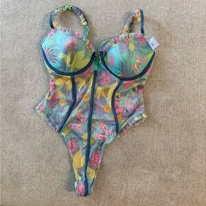 Floral Sheer Bodysuit with Blue Trim